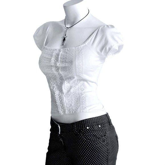 Oasis white eyelet +ribbon puff sleeve crop top - Picture 8 of 12